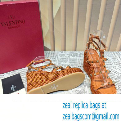 Valentino Heel 9.5cm Platform 3.5cm Rockstud ankle strap wedge sandals in calfskin Brown 2023 - Click Image to Close