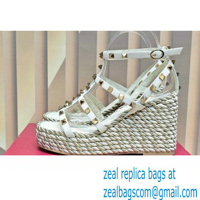 Valentino Heel 9.5cm Platform 3.5cm Rockstud ankle strap wedge sandals in calfskin White 2023