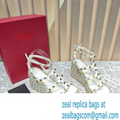 Valentino Heel 9.5cm Platform 3.5cm Rockstud ankle strap wedge sandals in calfskin White 2023 - Click Image to Close