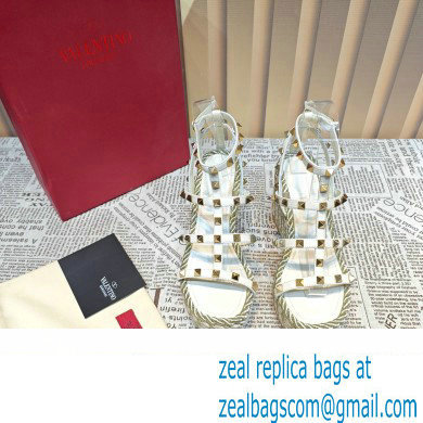 Valentino Heel 9.5cm Platform 3.5cm Rockstud ankle strap wedge sandals in calfskin White 2023 - Click Image to Close