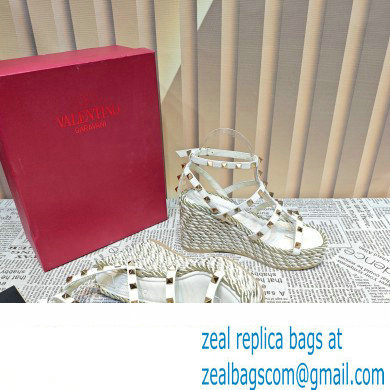 Valentino Heel 9.5cm Platform 3.5cm Rockstud ankle strap wedge sandals in calfskin White 2023