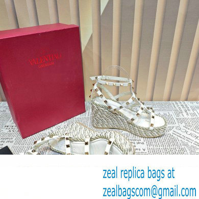 Valentino Heel 9.5cm Platform 3.5cm Rockstud ankle strap wedge sandals in calfskin White 2023 - Click Image to Close