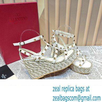 Valentino Heel 9.5cm Platform 3.5cm Rockstud ankle strap wedge sandals in calfskin White 2023 - Click Image to Close