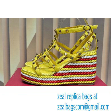 Valentino Heel 9.5cm Platform 3.5cm Rockstud ankle strap wedge sandals in calfskin Yellow/Red/White 2023