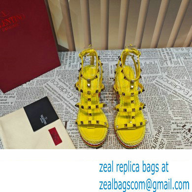 Valentino Heel 9.5cm Platform 3.5cm Rockstud ankle strap wedge sandals in calfskin Yellow/Red/White 2023