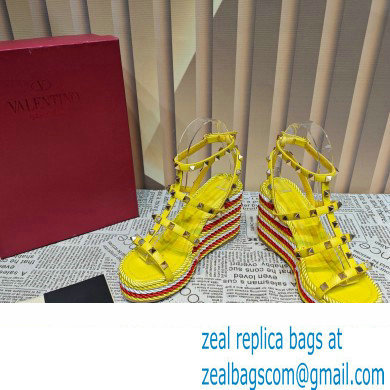 Valentino Heel 9.5cm Platform 3.5cm Rockstud ankle strap wedge sandals in calfskin Yellow/Red/White 2023