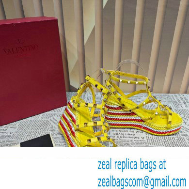 Valentino Heel 9.5cm Platform 3.5cm Rockstud ankle strap wedge sandals in calfskin Yellow/Red/White 2023 - Click Image to Close