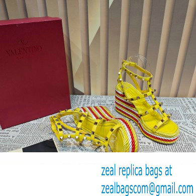 Valentino Heel 9.5cm Platform 3.5cm Rockstud ankle strap wedge sandals in calfskin Yellow/Red/White 2023