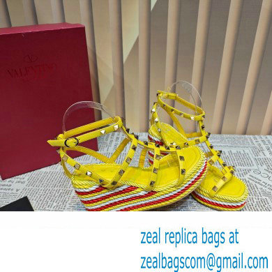 Valentino Heel 9.5cm Platform 3.5cm Rockstud ankle strap wedge sandals in calfskin Yellow/Red/White 2023