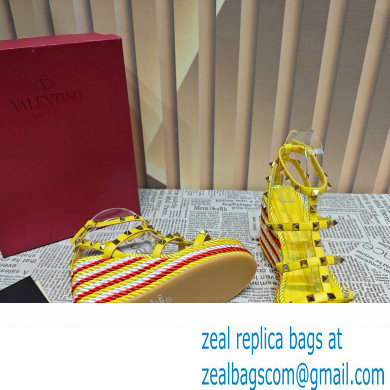 Valentino Heel 9.5cm Platform 3.5cm Rockstud ankle strap wedge sandals in calfskin Yellow/Red/White 2023 - Click Image to Close
