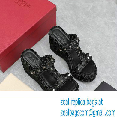 Valentino Heel 9.5cm Platform 3.5cm Rockstud wedge sandals in calfskin Black 2023 - Click Image to Close