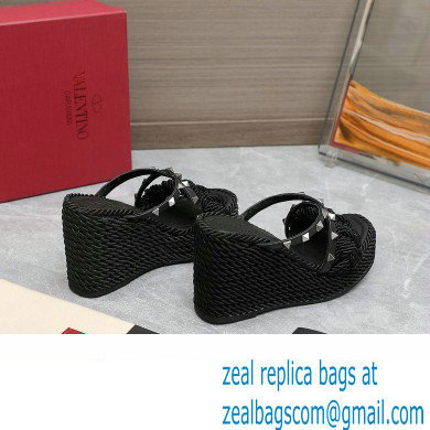Valentino Heel 9.5cm Platform 3.5cm Rockstud wedge sandals in calfskin leather Black with silk cords 2023 - Click Image to Close