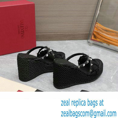 Valentino Heel 9.5cm Platform 3.5cm Rockstud wedge sandals in calfskin leather Black with silk cords 2023