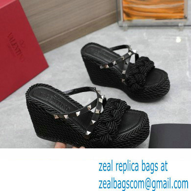 Valentino Heel 9.5cm Platform 3.5cm Rockstud wedge sandals in calfskin leather Black with silk cords 2023