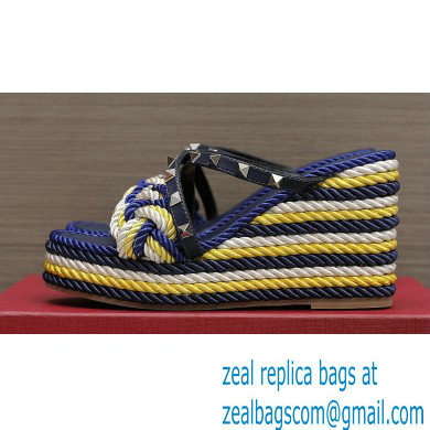 Valentino Heel 9.5cm Platform 3.5cm Rockstud wedge sandals in calfskin leather Blue/Multicolor with silk cords 2023