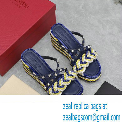 Valentino Heel 9.5cm Platform 3.5cm Rockstud wedge sandals in calfskin leather Blue/Multicolor with silk cords 2023