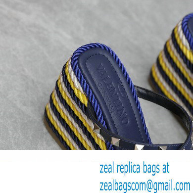 Valentino Heel 9.5cm Platform 3.5cm Rockstud wedge sandals in calfskin leather Blue/Multicolor with silk cords 2023