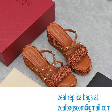 Valentino Heel 9.5cm Platform 3.5cm Rockstud wedge sandals in calfskin leather Brown with silk cords 2023