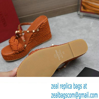 Valentino Heel 9.5cm Platform 3.5cm Rockstud wedge sandals in calfskin leather Brown with silk cords 2023