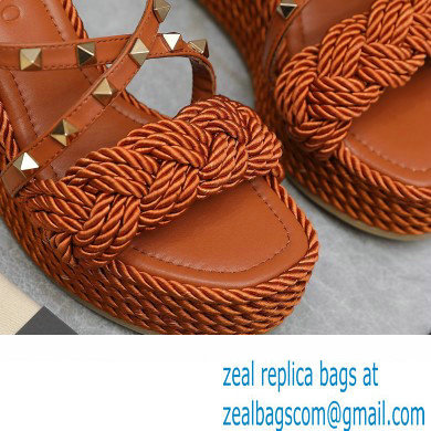Valentino Heel 9.5cm Platform 3.5cm Rockstud wedge sandals in calfskin leather Brown with silk cords 2023