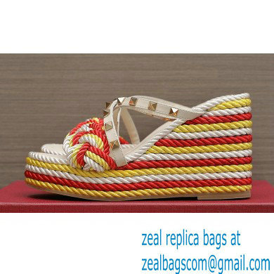 Valentino Heel 9.5cm Platform 3.5cm Rockstud wedge sandals in calfskin leather White/Red/Yellow with silk cords 2023