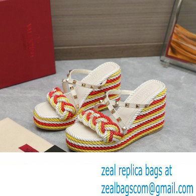 Valentino Heel 9.5cm Platform 3.5cm Rockstud wedge sandals in calfskin leather White/Red/Yellow with silk cords 2023