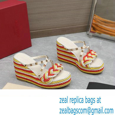 Valentino Heel 9.5cm Platform 3.5cm Rockstud wedge sandals in calfskin leather White/Red/Yellow with silk cords 2023