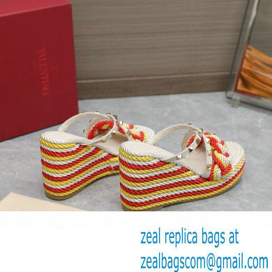 Valentino Heel 9.5cm Platform 3.5cm Rockstud wedge sandals in calfskin leather White/Red/Yellow with silk cords 2023