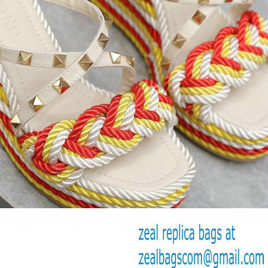 Valentino Heel 9.5cm Platform 3.5cm Rockstud wedge sandals in calfskin leather White/Red/Yellow with silk cords 2023