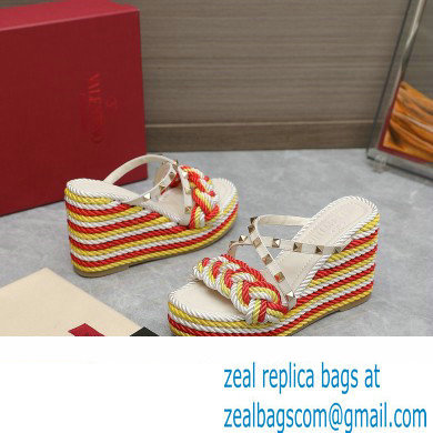 Valentino Heel 9.5cm Platform 3.5cm Rockstud wedge sandals in calfskin leather White/Red/Yellow with silk cords 2023