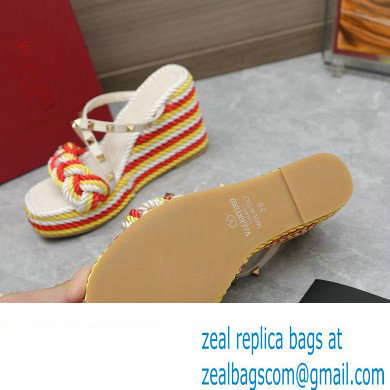 Valentino Heel 9.5cm Platform 3.5cm Rockstud wedge sandals in calfskin leather White/Red/Yellow with silk cords 2023