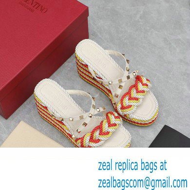 Valentino Heel 9.5cm Platform 3.5cm Rockstud wedge sandals in calfskin leather White/Red/Yellow with silk cords 2023