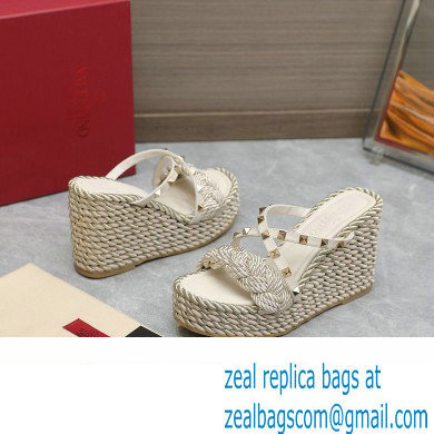 Valentino Heel 9.5cm Platform 3.5cm Rockstud wedge sandals in calfskin leather White with silk cords 2023