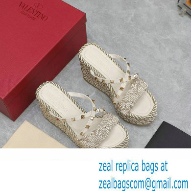 Valentino Heel 9.5cm Platform 3.5cm Rockstud wedge sandals in calfskin leather White with silk cords 2023