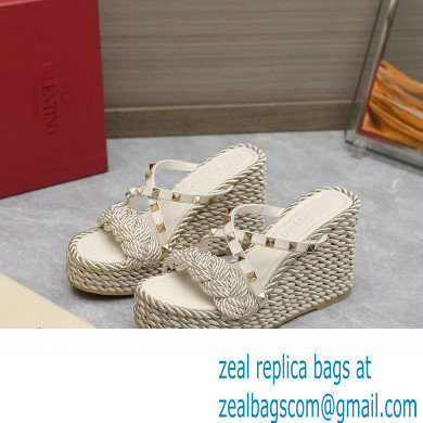 Valentino Heel 9.5cm Platform 3.5cm Rockstud wedge sandals in calfskin leather White with silk cords 2023