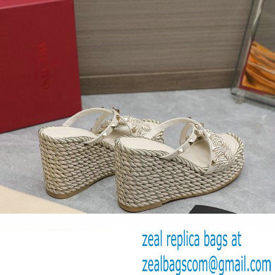 Valentino Heel 9.5cm Platform 3.5cm Rockstud wedge sandals in calfskin leather White with silk cords 2023