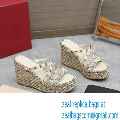 Valentino Heel 9.5cm Platform 3.5cm Rockstud wedge sandals in calfskin leather White with silk cords 2023