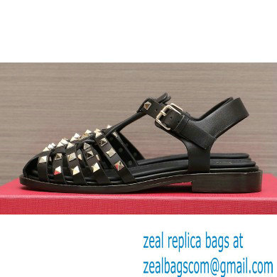 Valentino Rockstud Calfskin Round Toe Sandals Black 2023 - Click Image to Close