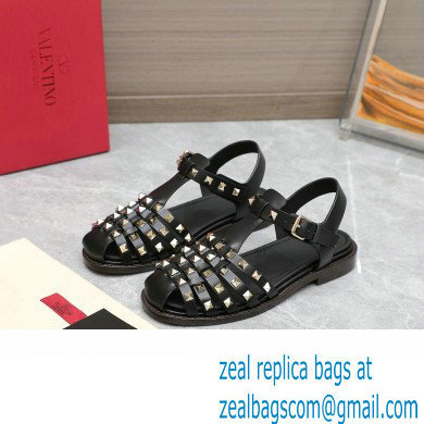 Valentino Rockstud Calfskin Round Toe Sandals Black 2023 - Click Image to Close