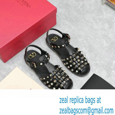 Valentino Rockstud Calfskin Round Toe Sandals Black 2023 - Click Image to Close