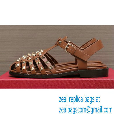 Valentino Rockstud Calfskin Round Toe Sandals Brown 2023 - Click Image to Close