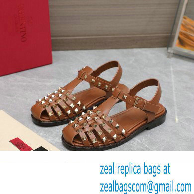 Valentino Rockstud Calfskin Round Toe Sandals Brown 2023 - Click Image to Close