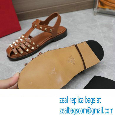 Valentino Rockstud Calfskin Round Toe Sandals Brown 2023 - Click Image to Close