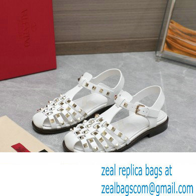 Valentino Rockstud Calfskin Round Toe Sandals White 2023 - Click Image to Close