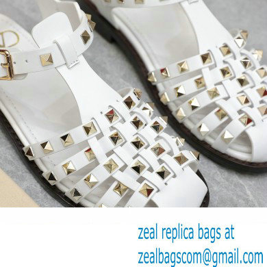 Valentino Rockstud Calfskin Round Toe Sandals White 2023 - Click Image to Close