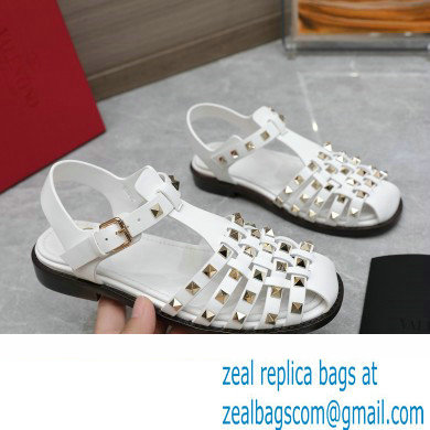 Valentino Rockstud Calfskin Round Toe Sandals White 2023 - Click Image to Close