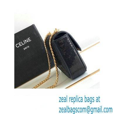 Celine CHAIN SHOULDER BAG triomphe in SEQUINS AND CALFSKIN 197993 Black - Click Image to Close