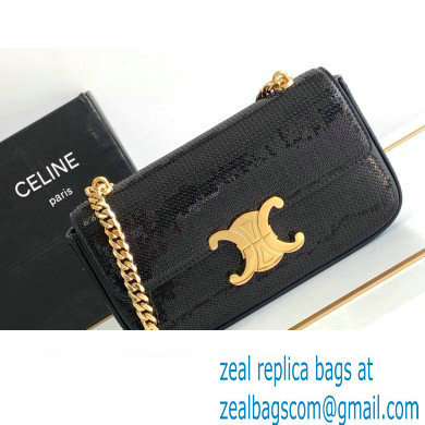 Celine CHAIN SHOULDER BAG triomphe in SEQUINS AND CALFSKIN 197993 Black - Click Image to Close