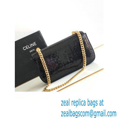 Celine CHAIN SHOULDER BAG triomphe in SEQUINS AND CALFSKIN 197993 Black - Click Image to Close