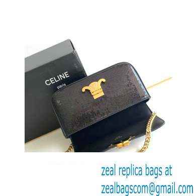 Celine CHAIN SHOULDER BAG triomphe in SEQUINS AND CALFSKIN 197993 Black - Click Image to Close